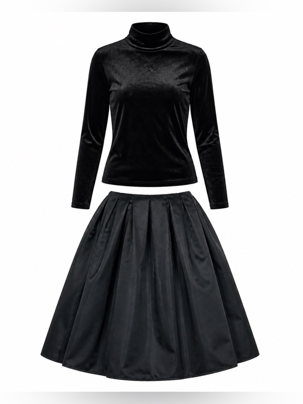 Women’s Classic Timeless Black Midi Pleated Skirt and Turtleneck Top Size M
